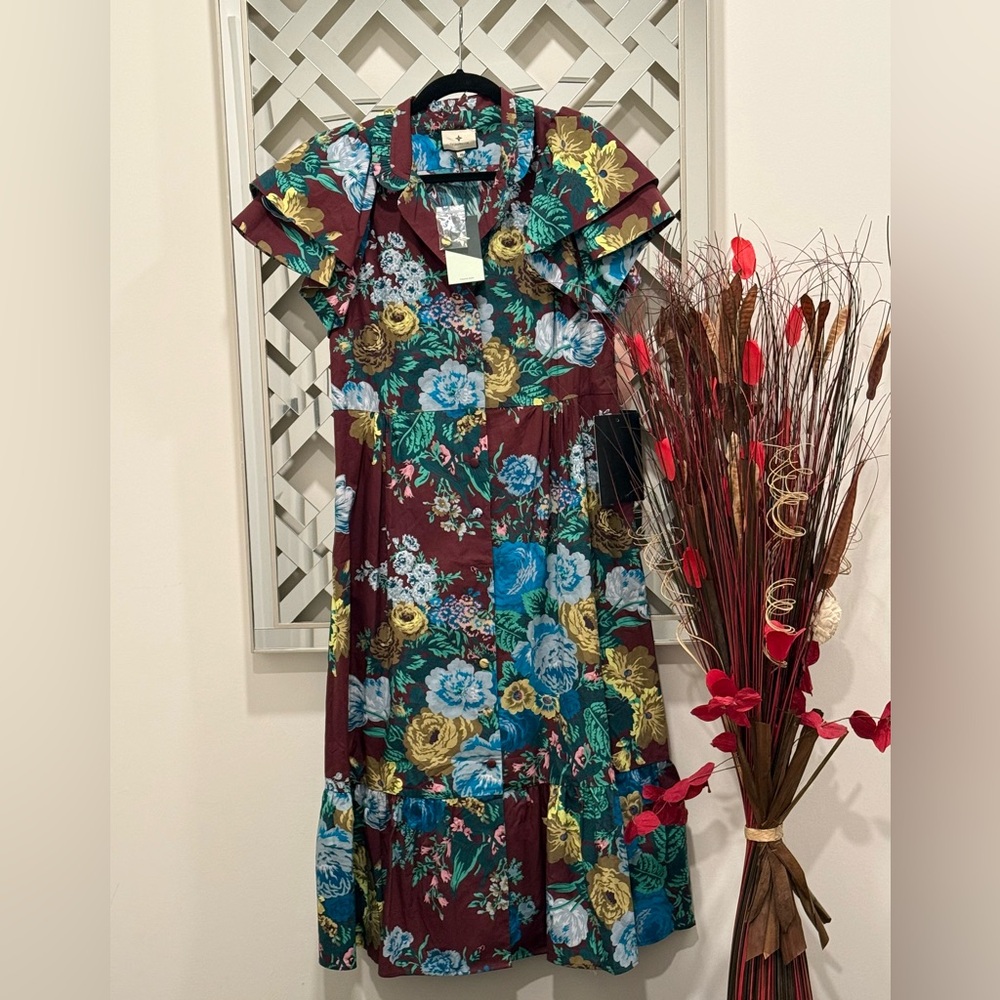 NWT Tuckernuck Alice Midi Dress M Merlot Oxblood Verdant Floral Print Cotton - Picture 6 of 7